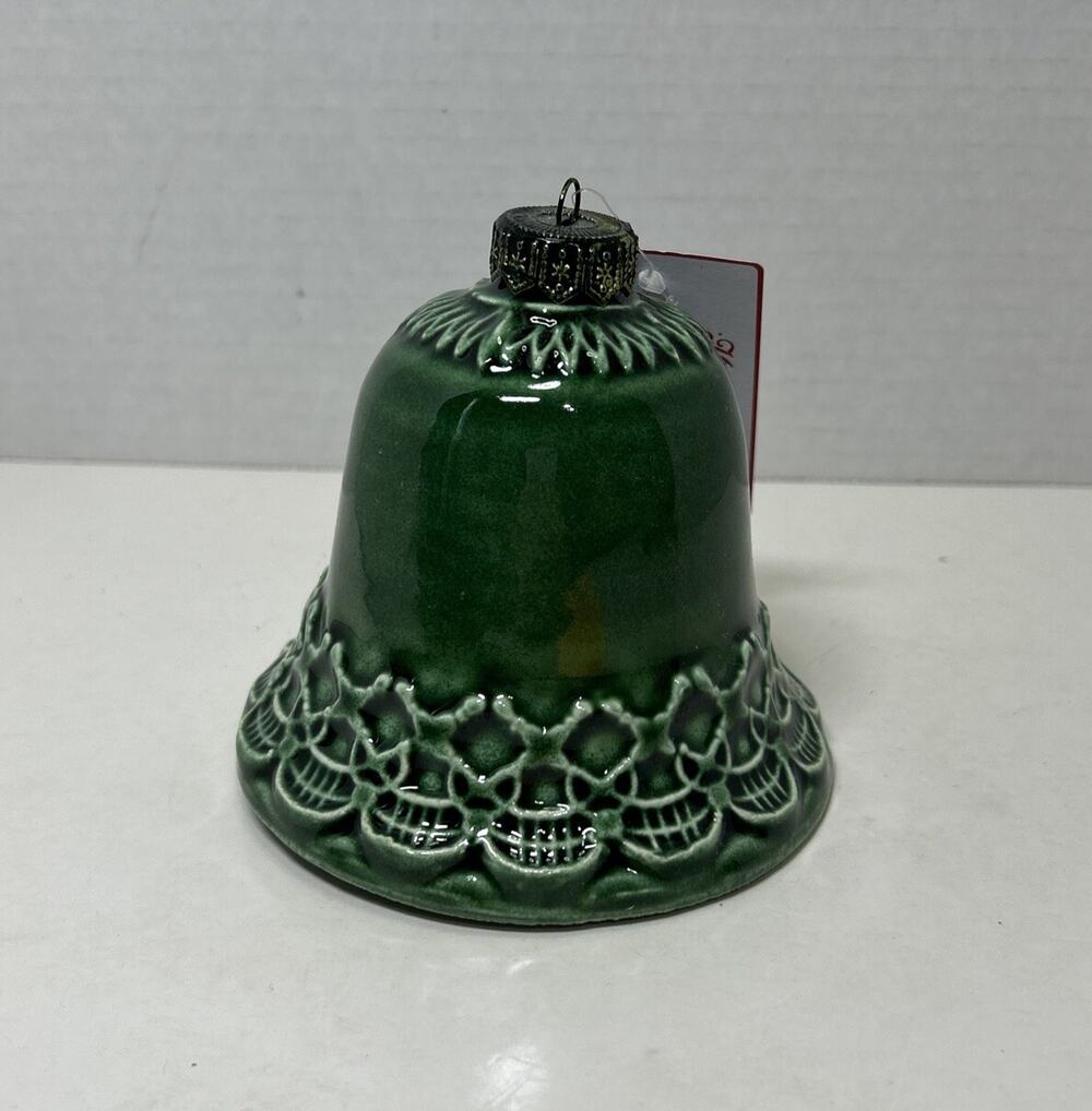Christmas Hanging Ornament Lg Green Bell Shaped 4" Ceramic Hand Made In Italy